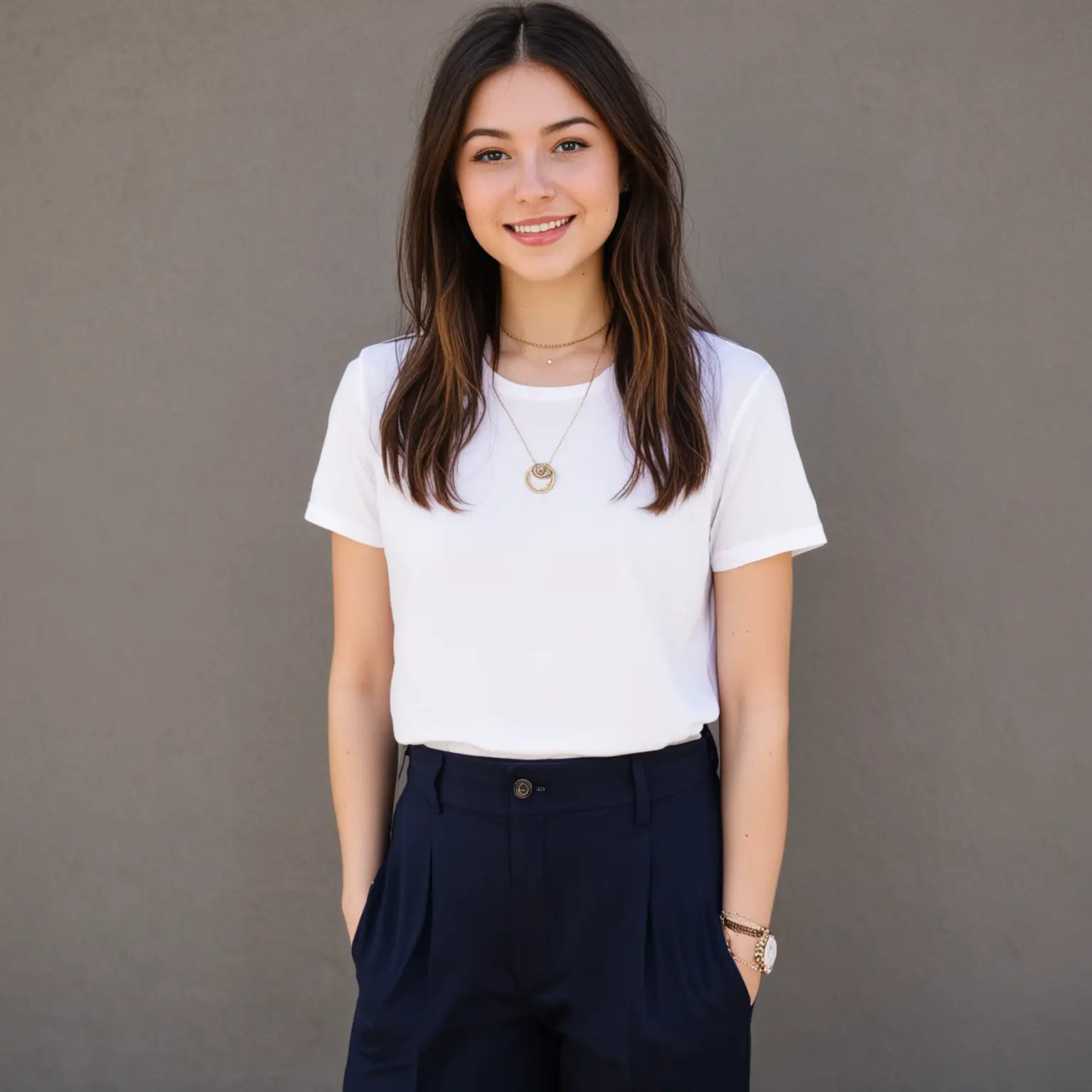 Teen Girl in Preppy Style with Navy Wide Leg Pants and Minimal Statement Necklace