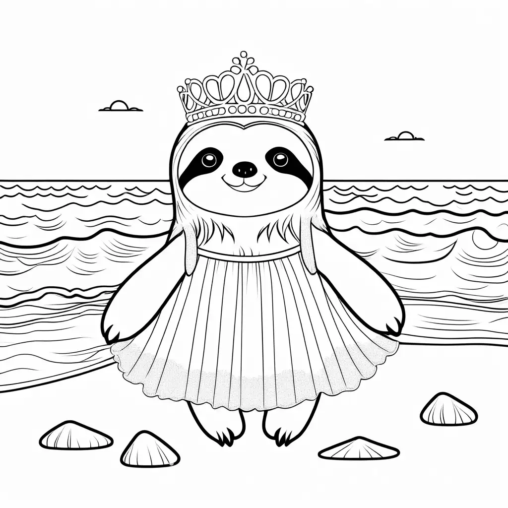 Sloth-in-Tiara-and-Tutu-on-a-Beach-Coloring-Page