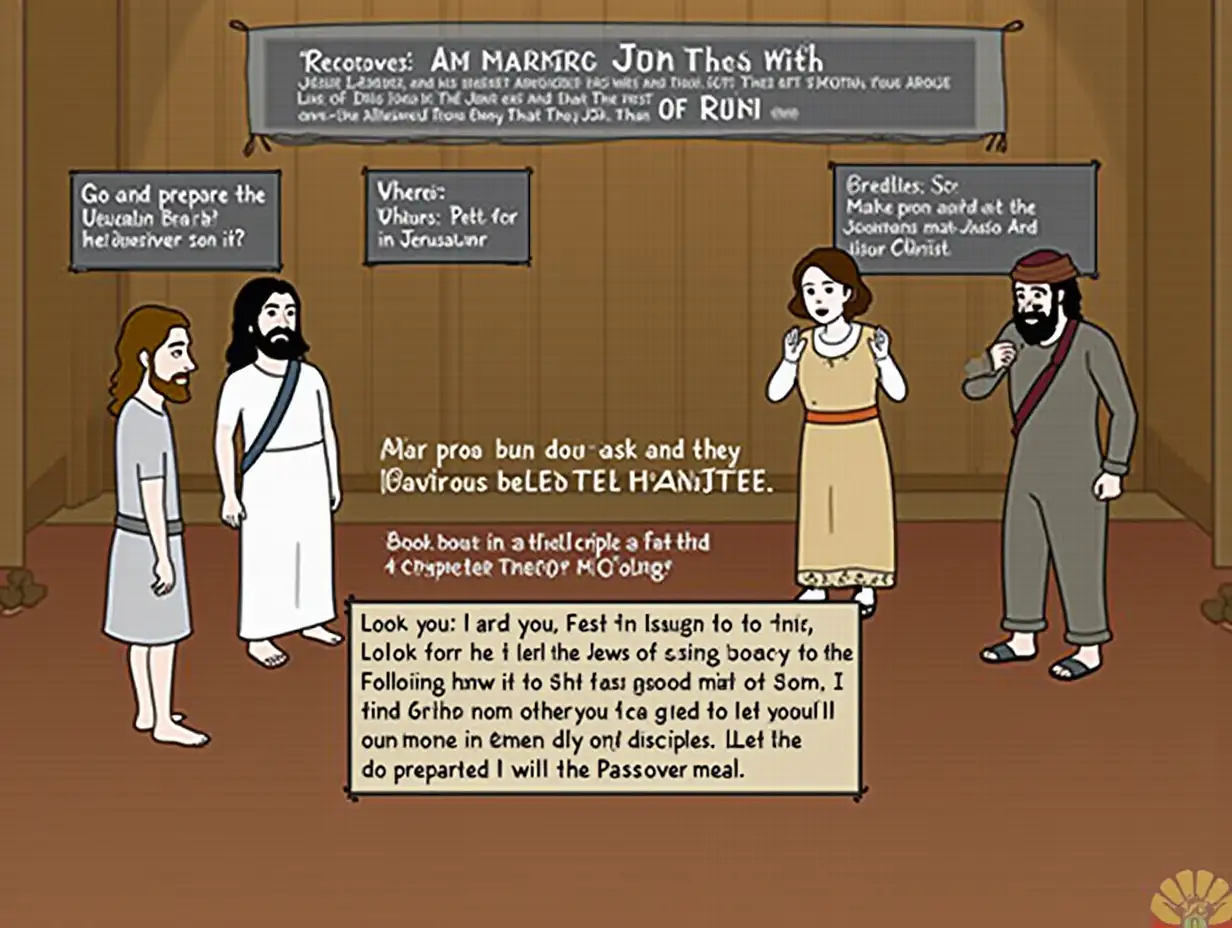 THE PASSION AND DEATH OF JESUS CHRIST: A PLAYnSCENE 1: PREPARATIONS FOR PASSOVERnCharacters: Jesus, Peter, JohnnNarrator: Jesus and his disciples arrived in Jerusalem after a long journey through Israel. The feast of Unleavened Bread, which is called the Passover, finally arrived. Like the rest of the Jews in Jerusalem, they were going to celebrate the covenant God made with the Israelites after freeing them from slavery in Egypt.nJesus: Go and prepare the Passover meal for us that we may eat it.nJohn: Where?nPeter: Yes, where do you want us to make preparations for it?nJesus: Look for a man carrying a jar of water. Follow him into the house he enters. Ask the owner of the house to show you to the guest room where I will eat the Passover with my disciples. Make preparations in the upper room.nNarrator: So, the disciples did as he asked and they prepared the Passover meal.