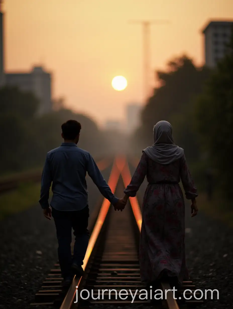 Indonesian-Couple-on-Train-Tracks-at-Sunset-in-Cityscape-Portrait