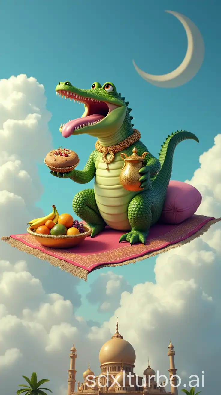 Crocodile-on-Flying-Carpet-with-Golden-Ribbon-and-Fruit-Bowl