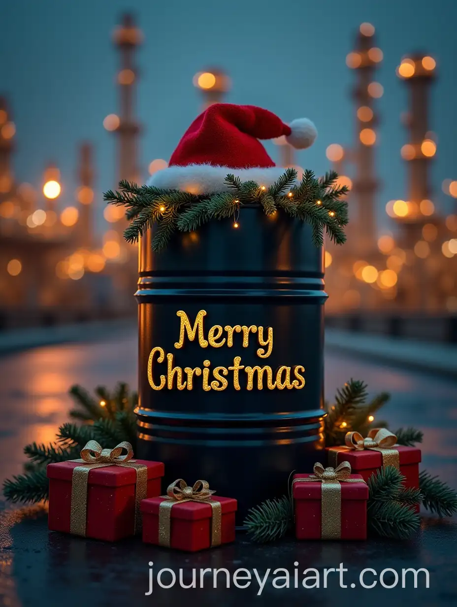 Cinematic-ChristmasThemed-Oil-Barrel-with-Santa-Hat-and-Gifts