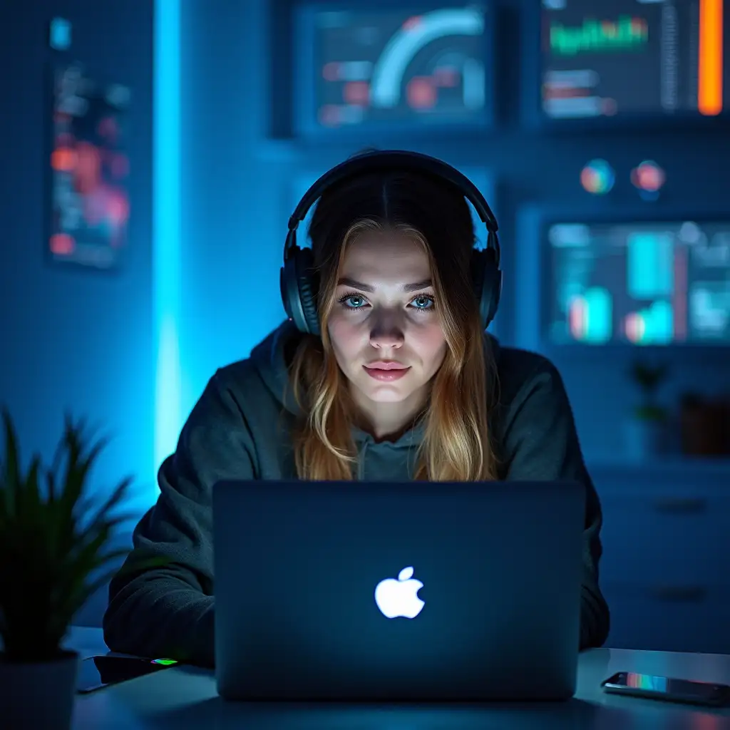 a stylish girl programmer in an IT company in Sochi works in a cloud service on a plasma laptop