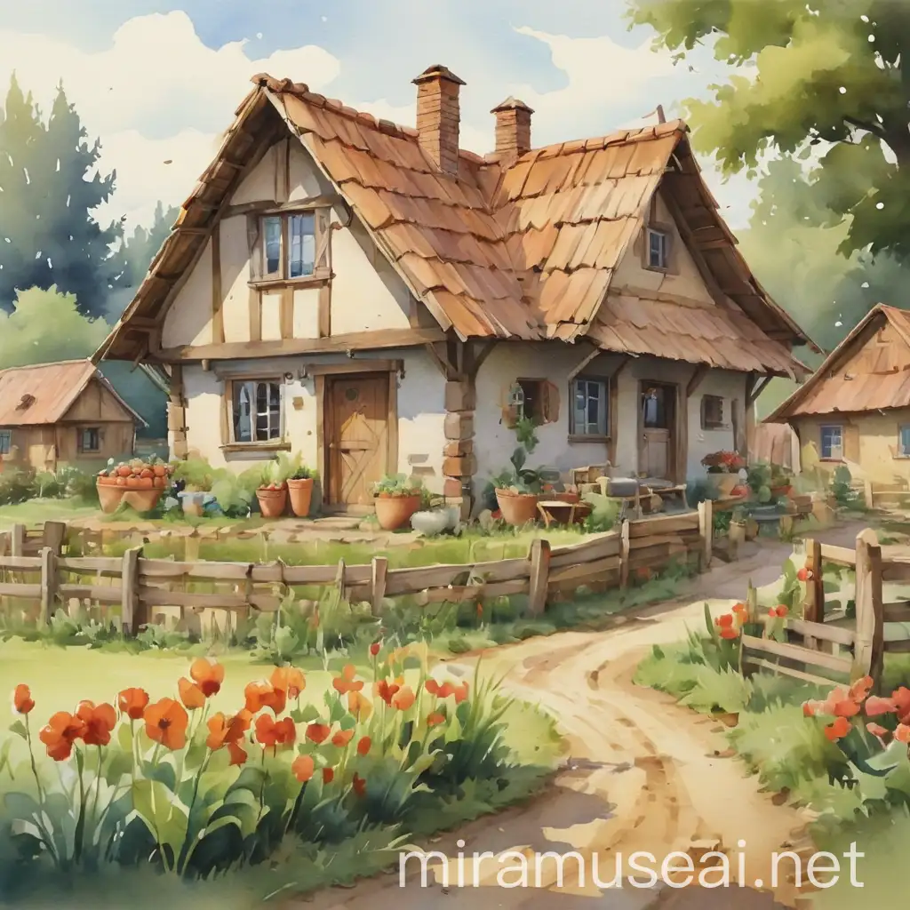 Peaceful Watercolor Illustration of a Village House and Farm