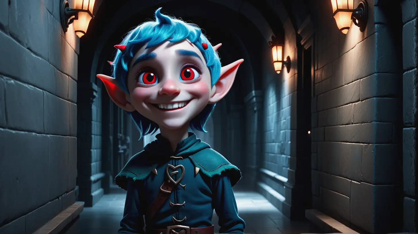 Smiling BlueHaired Elf in Dark Castle Hallway