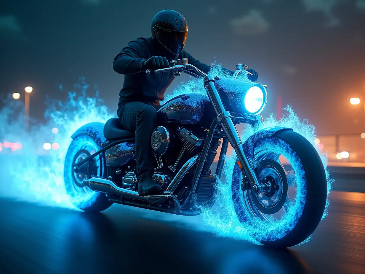 A man ride motorcycle running high speed , cinematic environment, its body composed entirely of intense blue flames, with intricate details in its wheels and front lamp  that resemble flowing fire, exuding power and speed, realistic, cinematic lighting, high detail, intense contrast, realistic textures, and shadows.