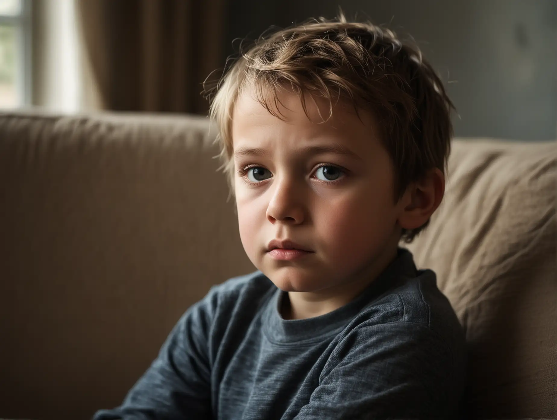 Dramatic portrait of a child sitting on a couch. He is gazing straight, soft window light is coming from a side direction on the face. His face is stoic.