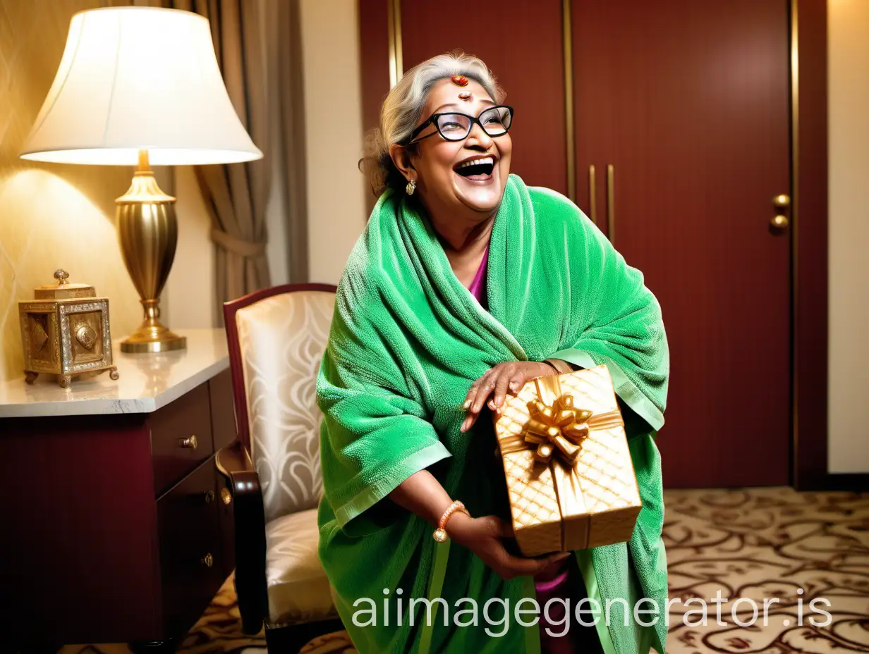 Happy-Mature-Bangladeshi-Woman-with-Spectacles-Laughing-and-Holding-Gift-Box-in-Luxury-Hotel