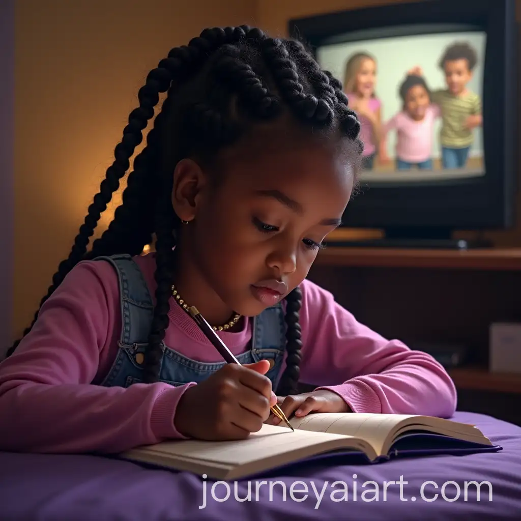 Young-Black-Androgynous-Girl-Writing-Dreams-in-Purple-Notebook-with-MTV-Cribs-on-TVAI-Image-Prompt-Expansion