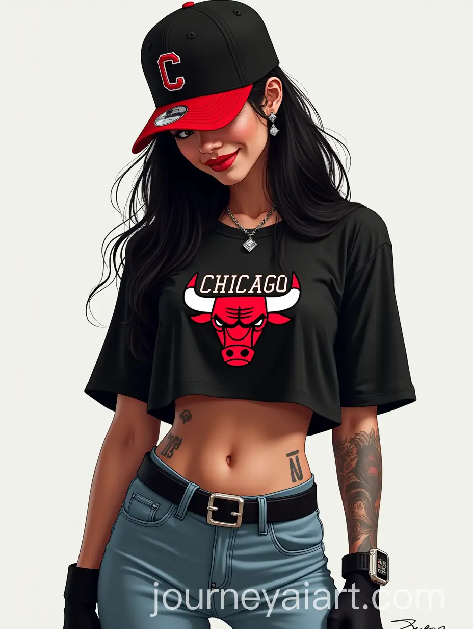 Young-Woman-in-Chicago-Bulls-Apparel-with-Strong-Physique-and-Accessories