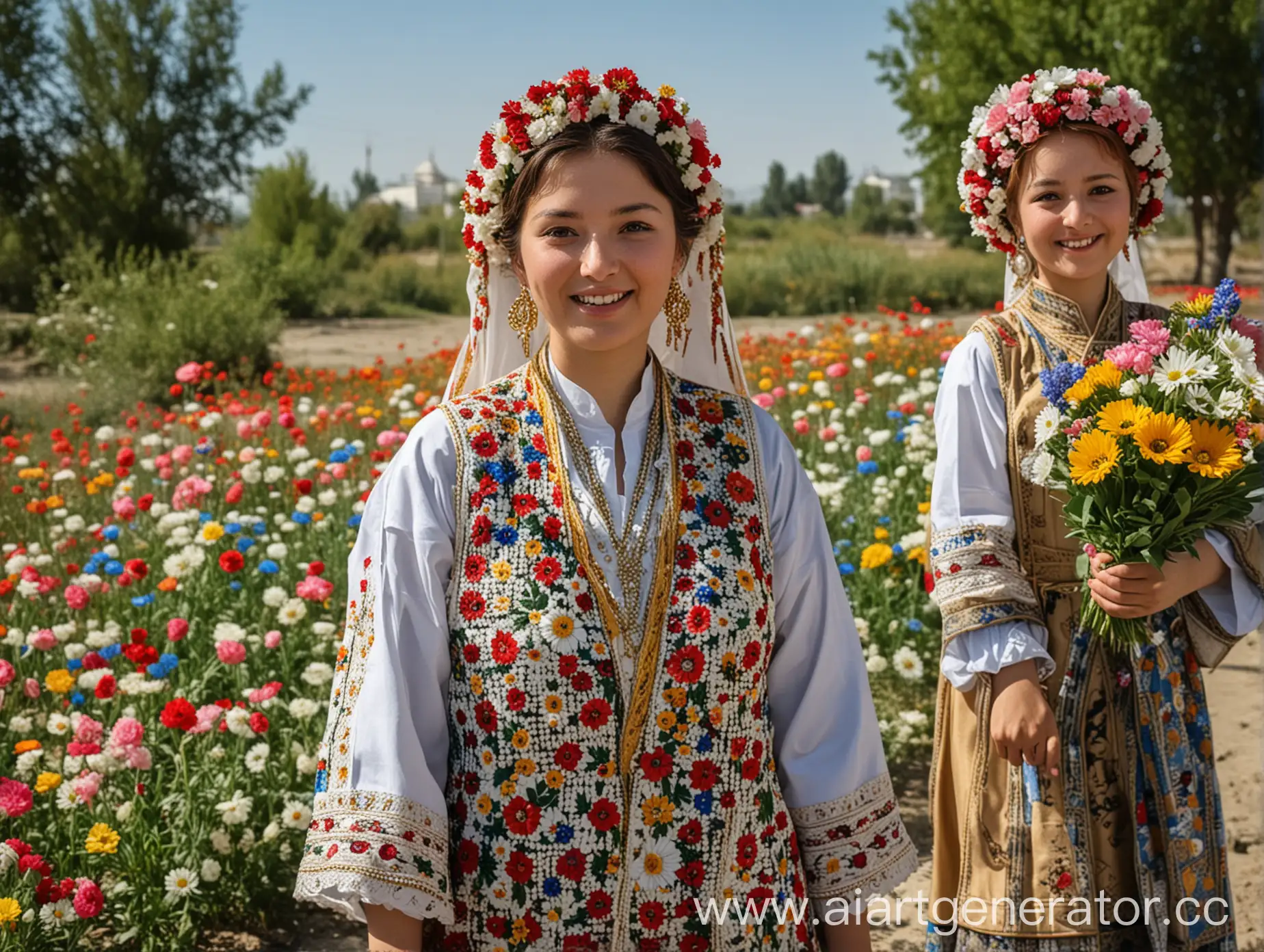 Teacher's Day, flowers, sun, Uzbek national costumes