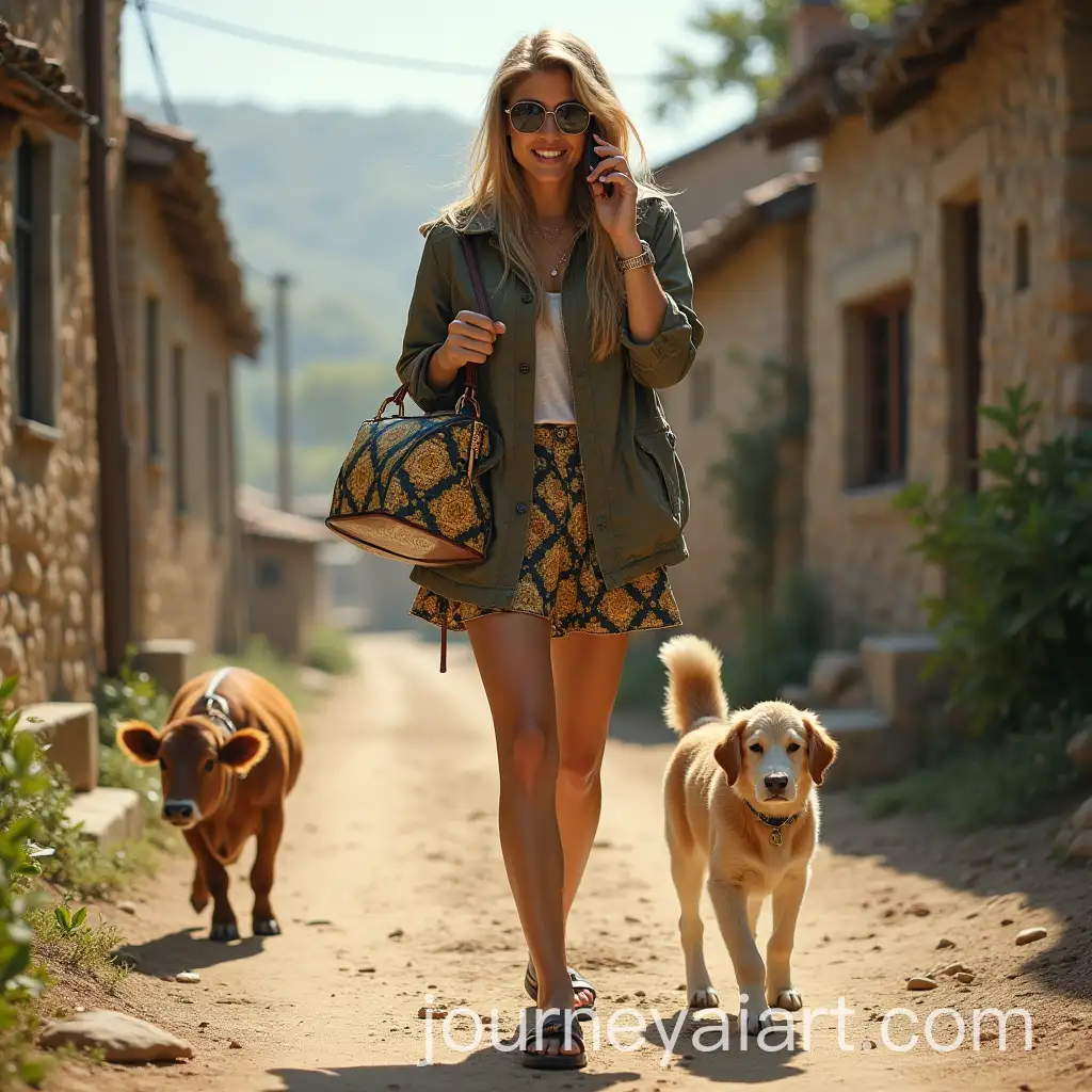 Fashionista-with-Versace-Bag-Walking-Through-Village-Talking-on-Mobile-Phone-with-Cat-Dog-and-Cow-Nearby