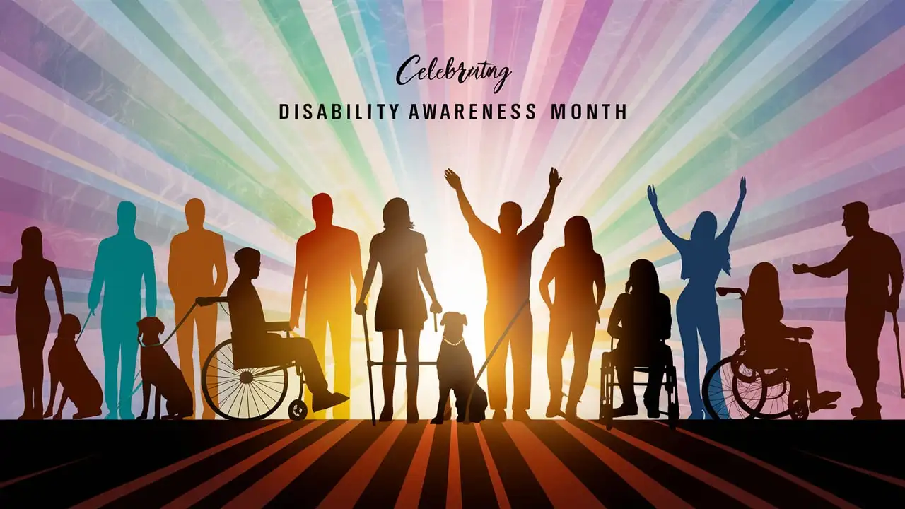 Celebrating Disability Awareness Month Vibrant Silhouettes of People with Wheelchairs Guide Dogs Crutches and Canes