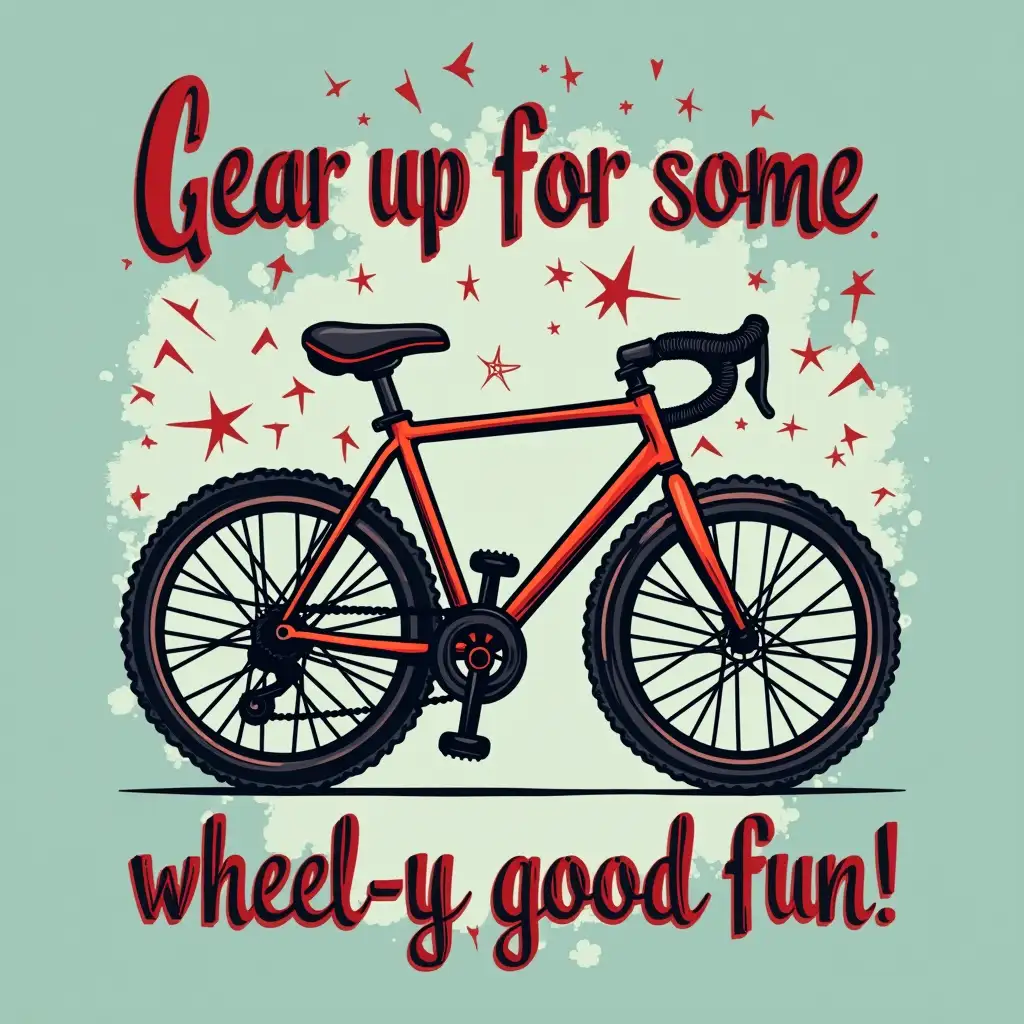 A clever t-shirt design featuring a playful pun about cycling. The graphic displays a stylized bicycle with a comical expression, as if laughing hysterically. The words 'Gear up for some wheel-y good fun!' are prominently displayed in a creative and vibrant font. The overall design exudes a cool and casual vibe, perfect for cycling enthusiasts with a sense of humor.