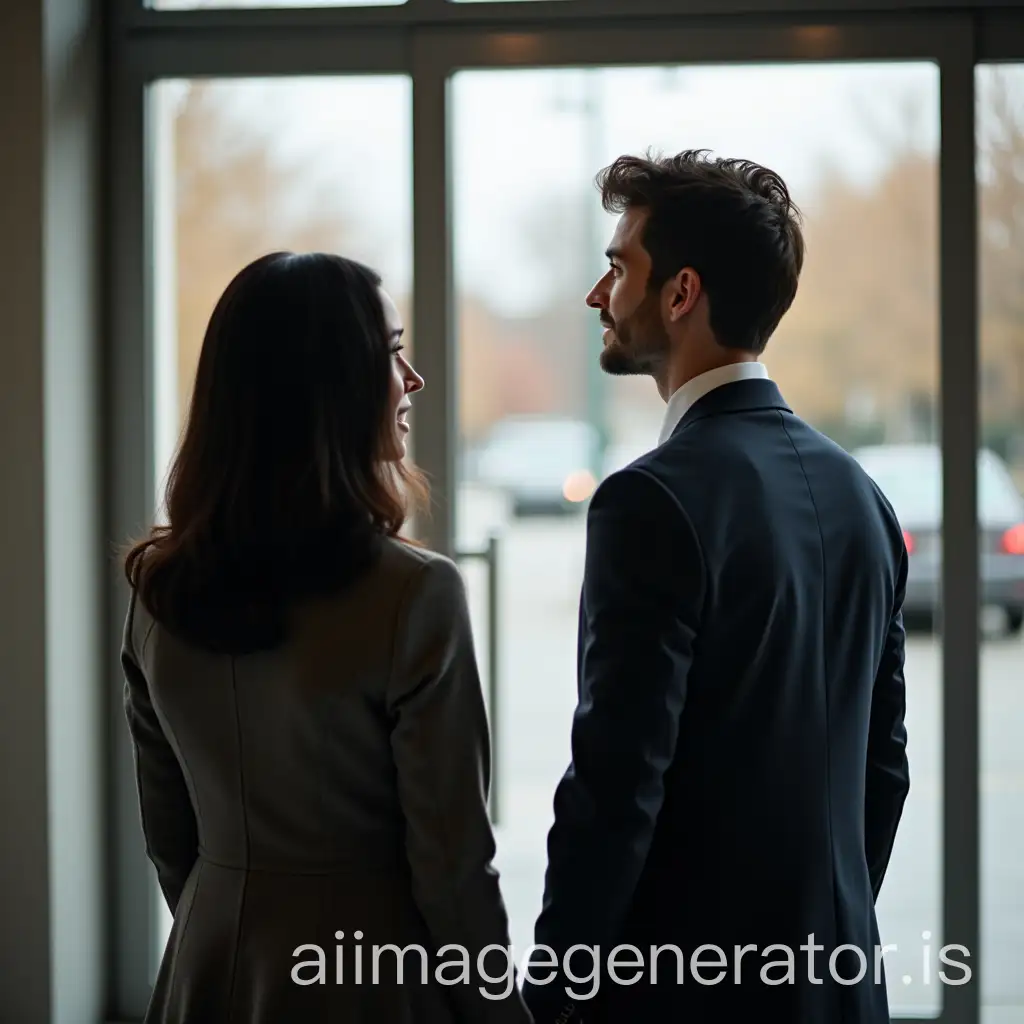 Latino-Woman-Meeting-Young-Man-at-Corporate-Entrance