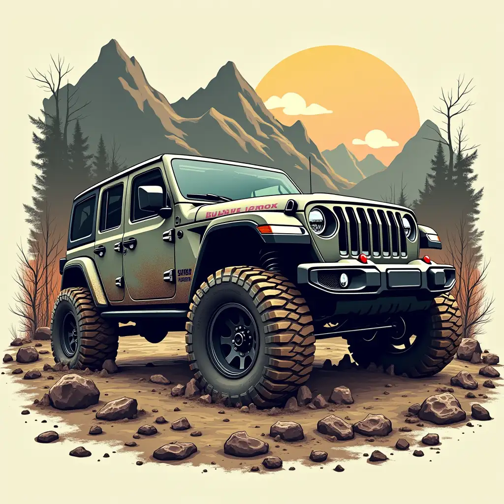 Create an image of a rugged off-road vehicle, specifically a Jeep Wrangler, navigating through a muddy and rocky terrain. The Jeep should be covered in mud, emphasizing its off-road capabilities. Surround the scene with artistic elements such as tire tracks, gears, and mechanical parts to give it a gritty, adventurous feel. The background should feature a mountainous landscape, adding to the sense of adventure and challenge. Use a combination of realistic and graphic design styles to make the image bold and dynamic.