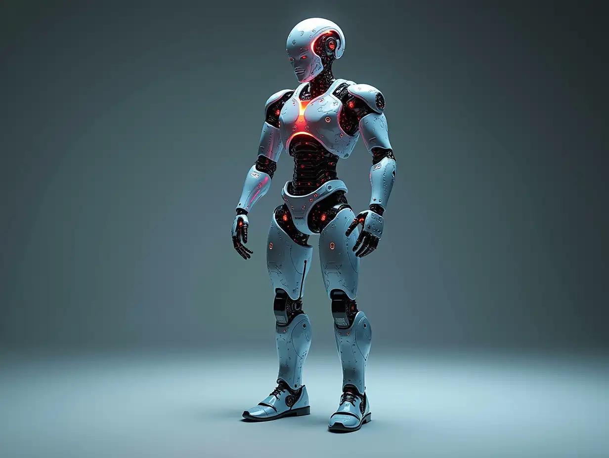 Create a high-resolution, realistic image of an artificial intelligence fractal colored humanoid robot, on the photo studio floor at 4-k resolution.