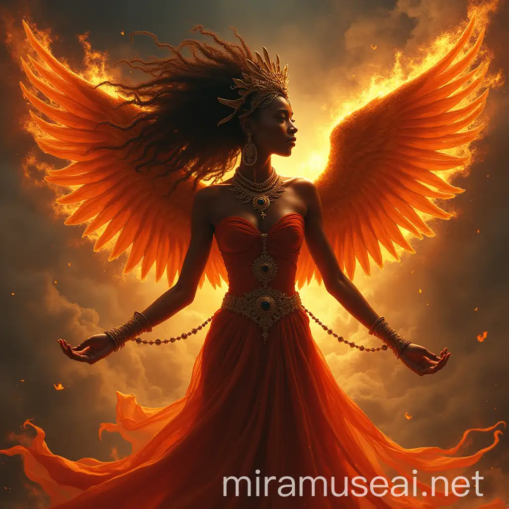 High Goddess Rising Black Woman from the Ashes of an Eternal Phoenix