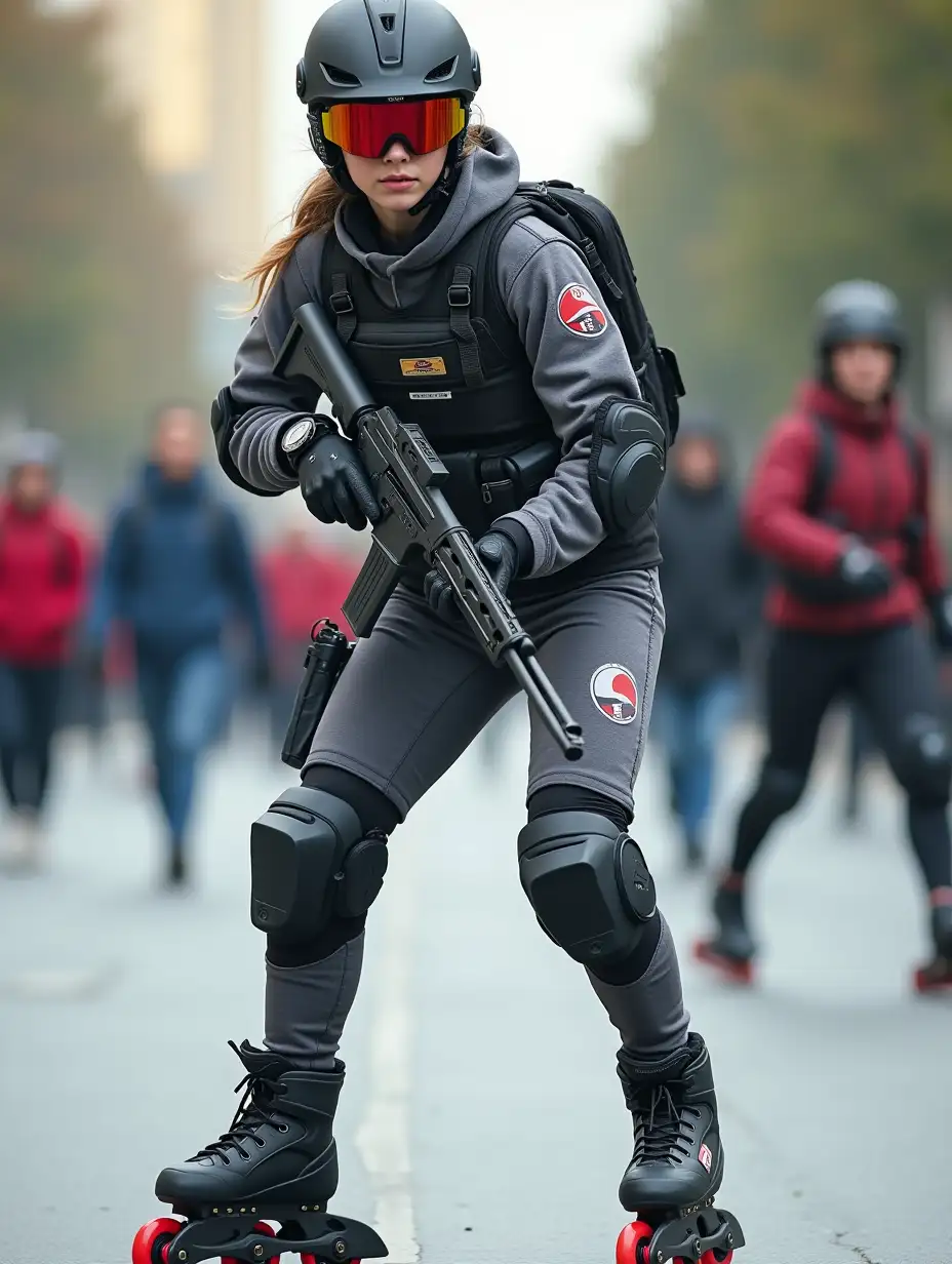 a 17 year old airsoft geared woman at a distance, she is skating on a street, holding a weapon, ordinary people in background, clothes have racing colors, she is wearing lots of functional sportswear, cycling gloves, airsoft helmet with transparent visor over eyes, smartwatch, thick plastic knee pads, modern inline skates with complete organized wheels