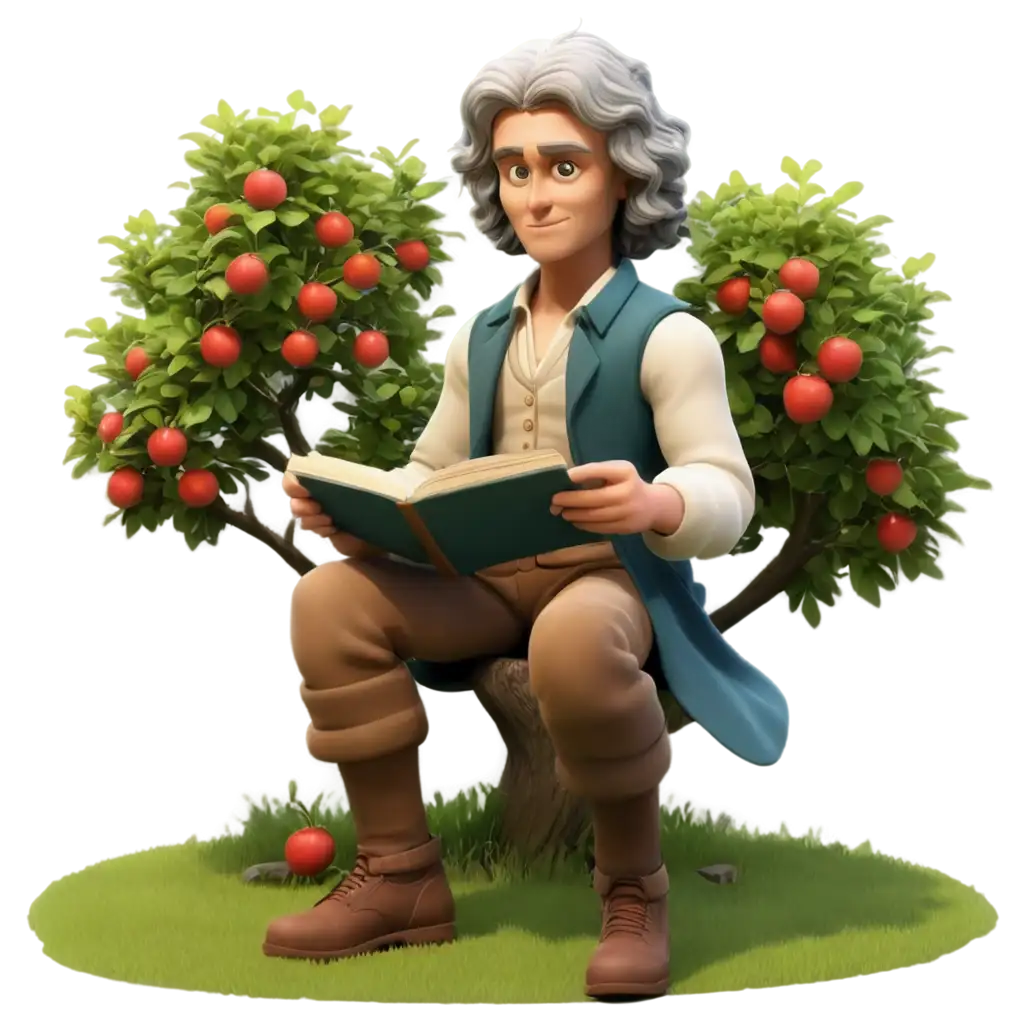 in a garden there is an apple tree and there is Isaac Newton resting on the tree, he is reading while holding an apple, 3d animation