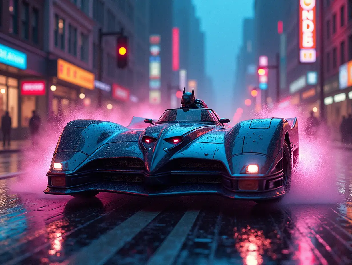 batmobile rides on streets of Gotham, cyberpunk style, gothic mood, neon lights, retrowave, abstraction, pencil color drawing