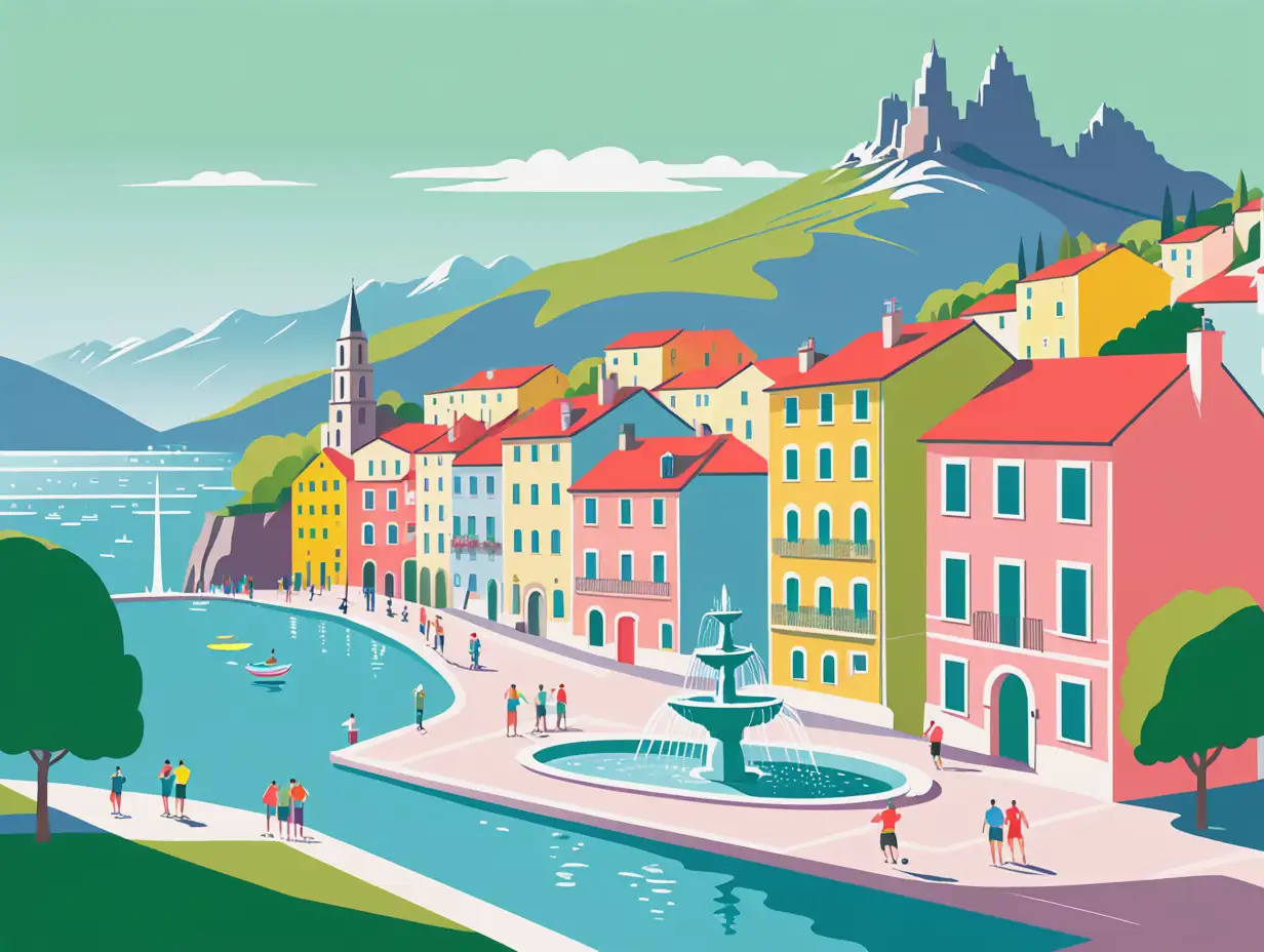 European-City-with-Attractions-Fountain-Swimmer-Sailor-and-Mountain-Hikers-in-a-Pastel-Landscape