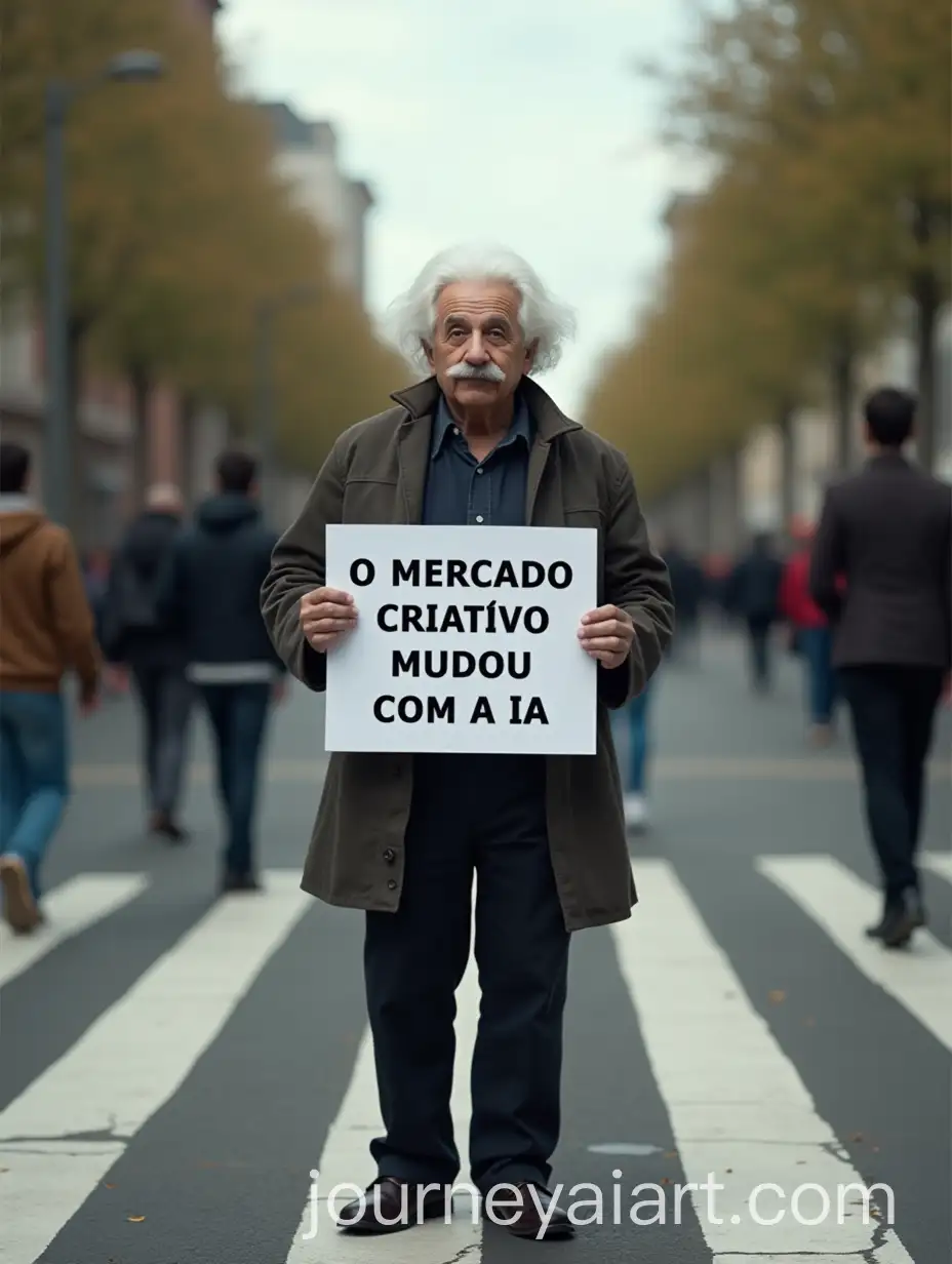 AlbertGerao-de-Prompt-IA-Einstein-in-TimeLapse-Crosswalk-with-Creative-Market-Sign