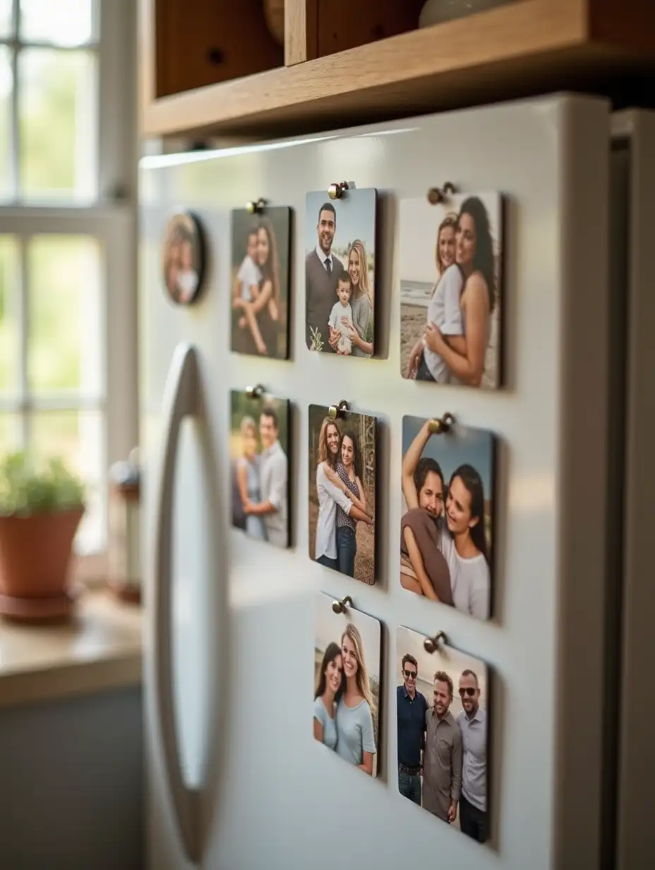 Modern kitchen scene with a clean, upscale look. A fridge covered in custom photo magnets—2x2 and 1.75x2.75 sizes—showcasing emotional, personal moments: weddings, family trips, pets, baby photos. Warm natural lighting, cozy but minimalist aesthetic. Focus on the magnets with a shallow depth of field. Muted, gender-neutral tones with high clarity and upscale photography feel. Convey warmth, nostalgia, and high-quality craftsmanship.