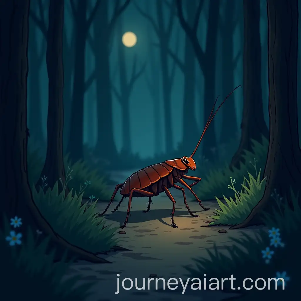 Anime-Style-Cockroach-as-a-Forest-Animal-Searching-for-a-Path-at-Night