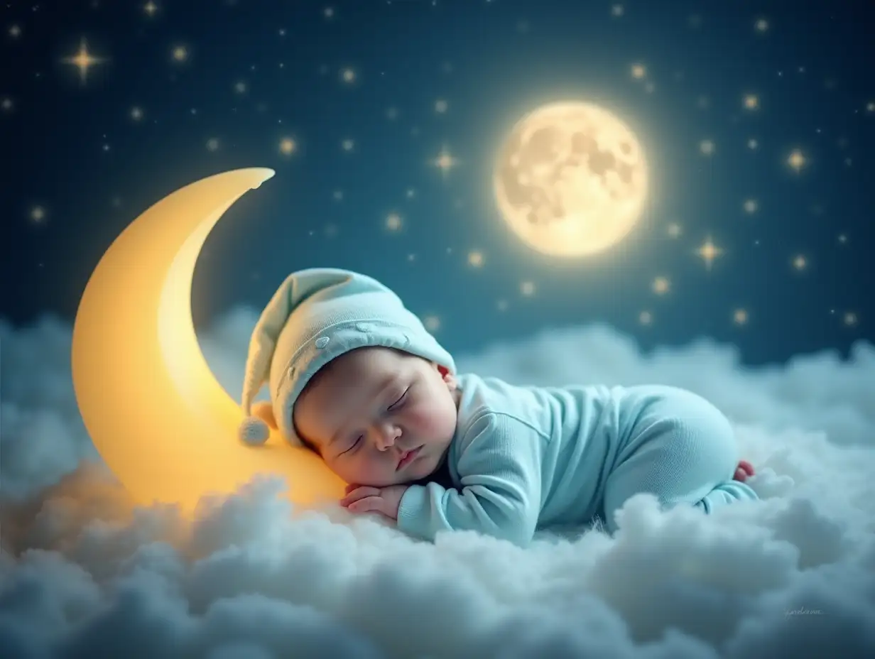 Baby-Sleeping-Peacefully-on-a-Cloud-Under-a-Starry-Night-Sky