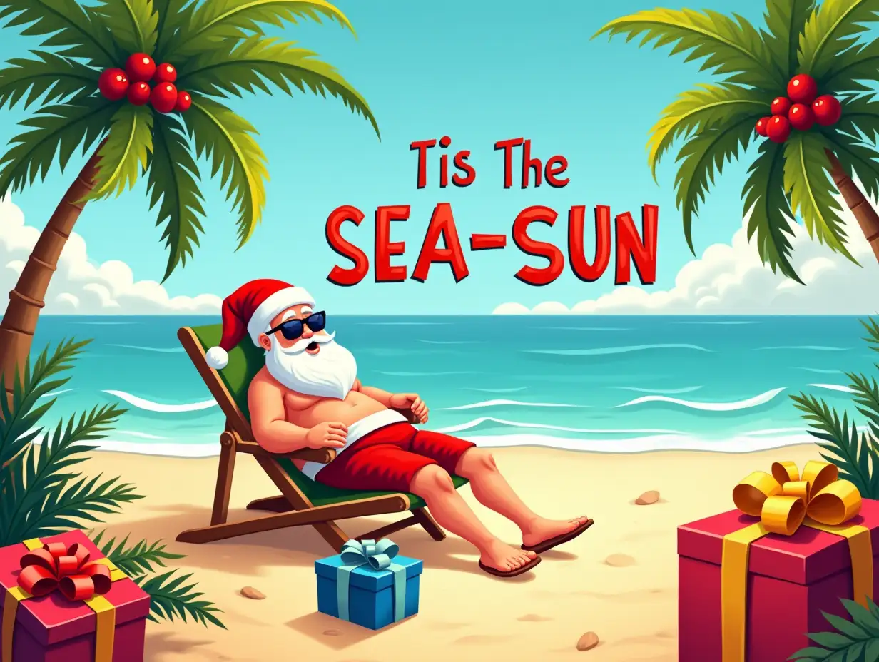 Vector illustration, Art style: Oil painting, Art inspiration: realistic description. Create a tropical beach scene featuring a relaxed Santa Claus in bright red swim shorts and sunglasses, lounging in a colorful beach chair under lush palm trees adorned with red berries. Surround him with vibrant, wrapped presents in shades of red, blue, and yellow against soft golden sand. Integrate the phrase “Tis The SEA-SUN” into the composition with bold, colorful lettering that captures a playful, festive spirit. Aim for a cartoonish and cheerful aesthetic with a vivid color palette of reds, greens, and yellows to evoke a fun, sunny holiday vibe.