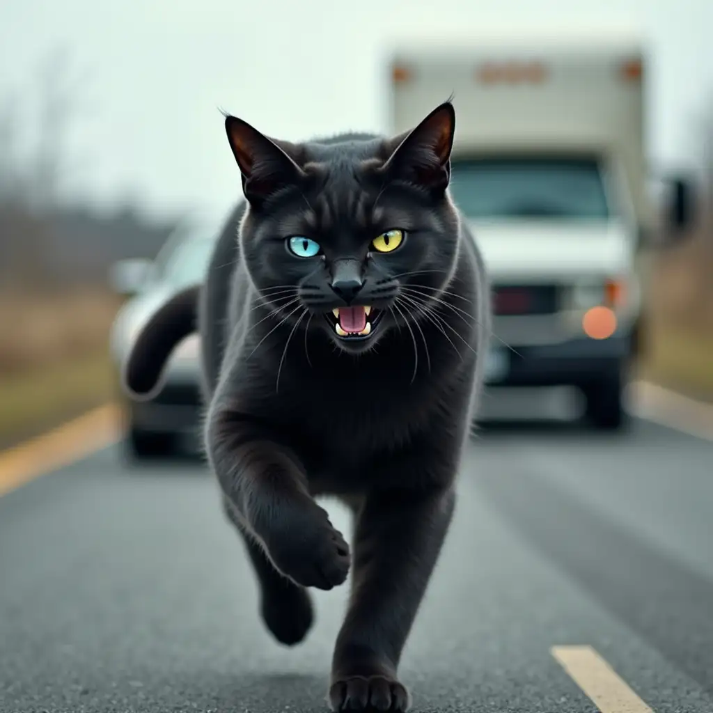 Muscular Black Cat, one eye blue, other eye yellow, grinning, running away from a car, a trailer crashed into a passenger car behind him