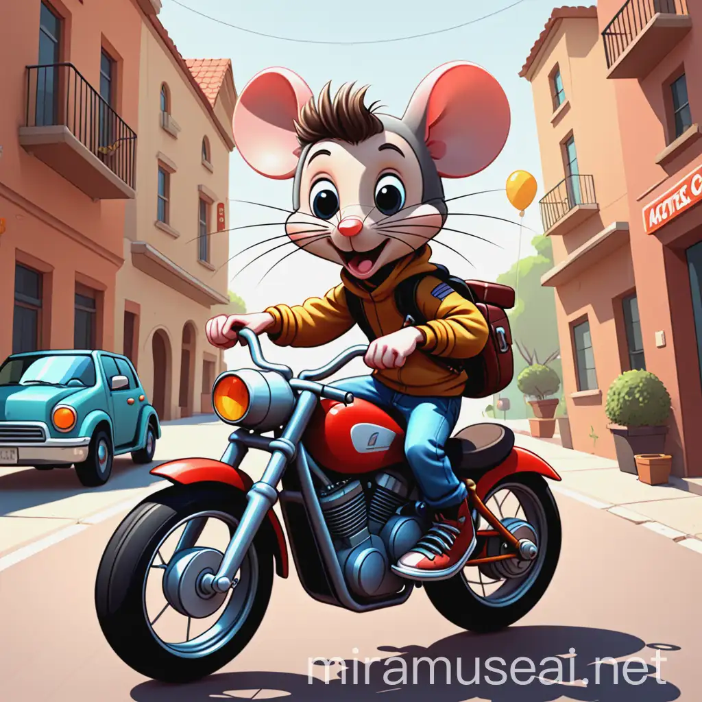 Cartoon Poster of Mouse and Boy on Motorcycle Enjoying Friendship