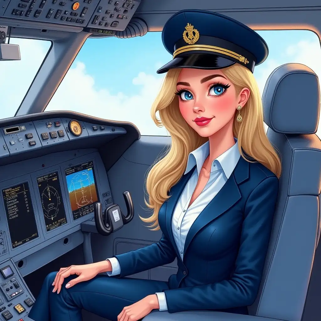 Blonde Airline Pilot in Airbus A320 Cockpit