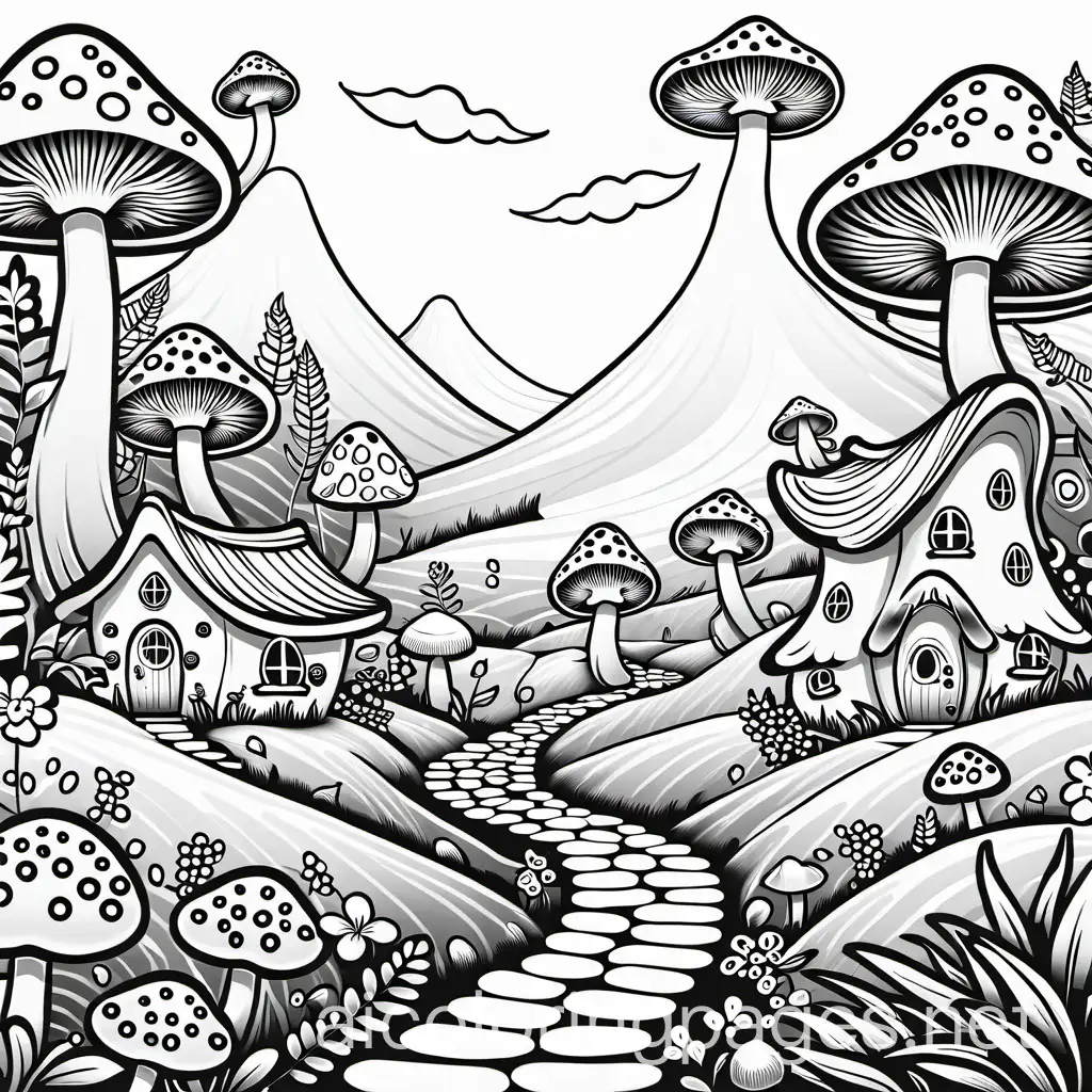 happy mushroom village with magical little fairies, Coloring Page, black and white, line art, white background, Simplicity, Ample White Space. The background of the coloring page is plain white to make it easy for young children to color within the lines. The outlines of all the subjects are easy to distinguish, making it simple for kids to color without too much difficulty