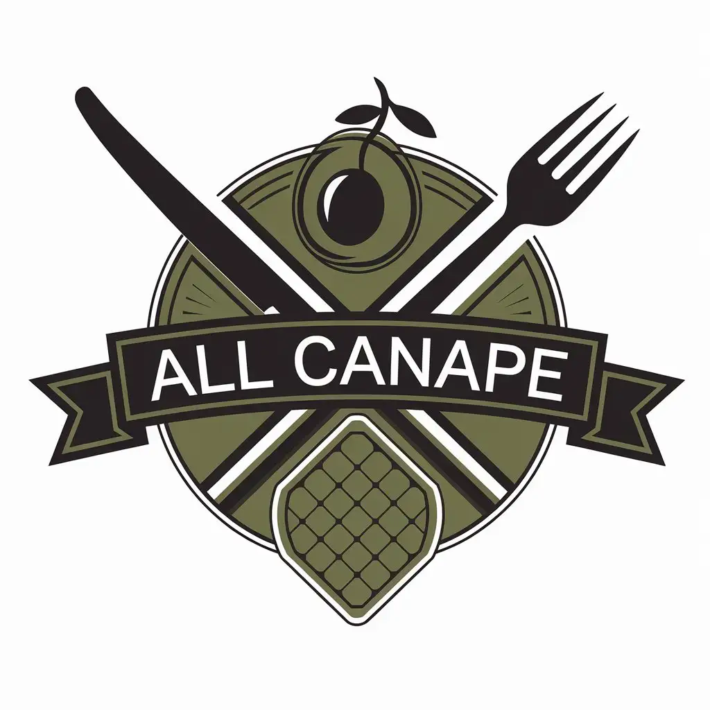 a vector logo design,with the text "ALL CANAPE", main symbol:a canape with an olive and a knife with a fork in green-black colors,complex,be used in Restaurant industry,clear background