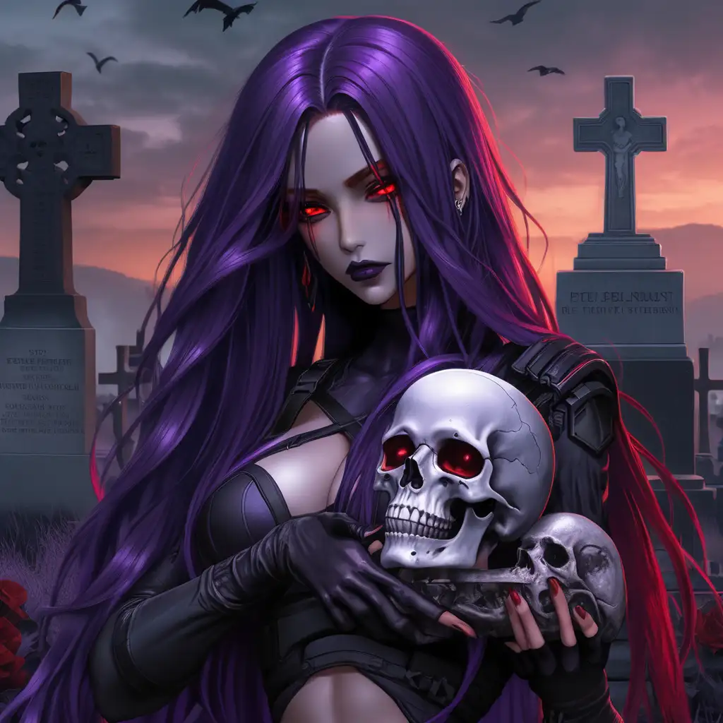 Techwear Female with Long Purple Hair Holding Skull in Cemetery