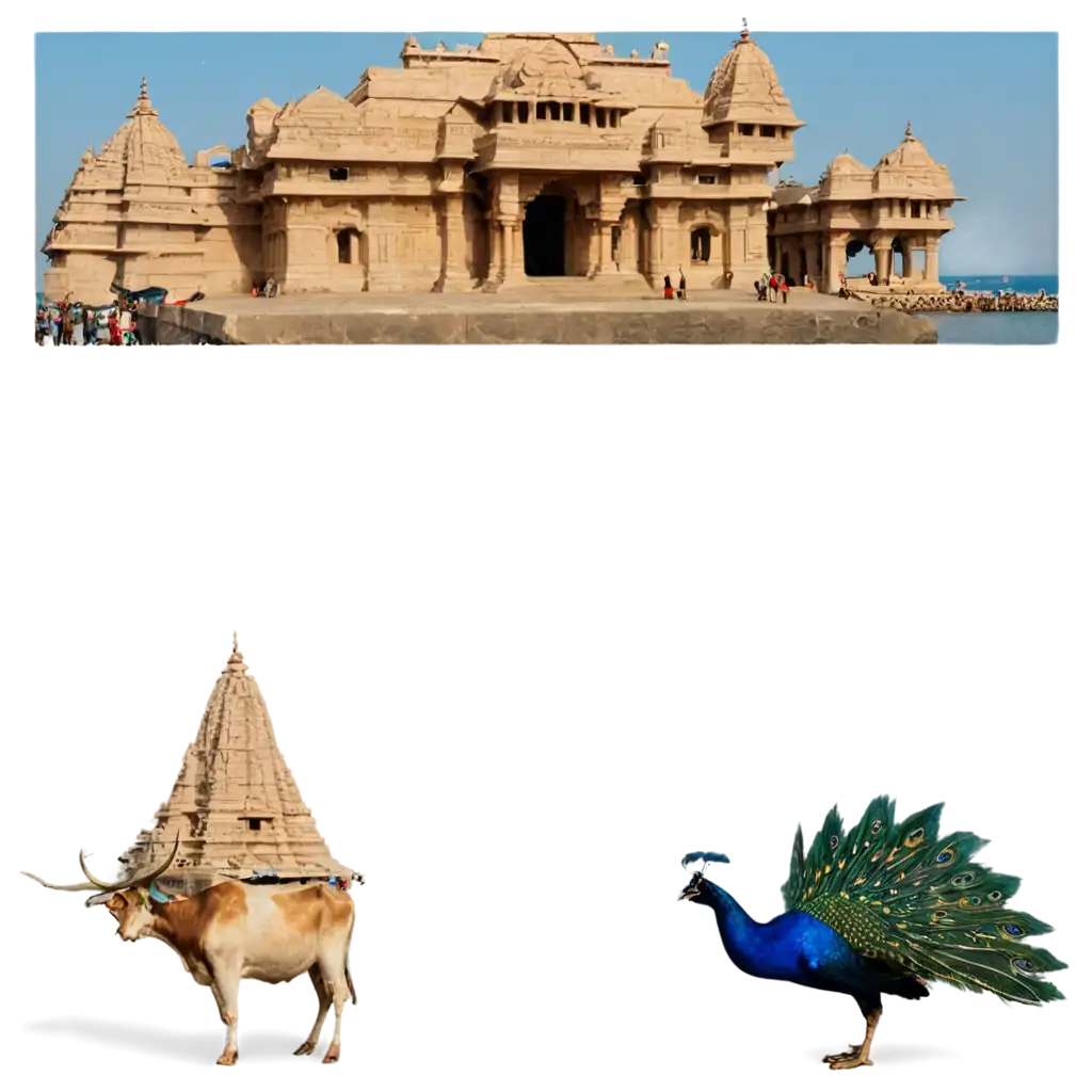 PNG-Image-of-Dwarkadhish-with-Cow-Peacock-and-Dwarka-Temple