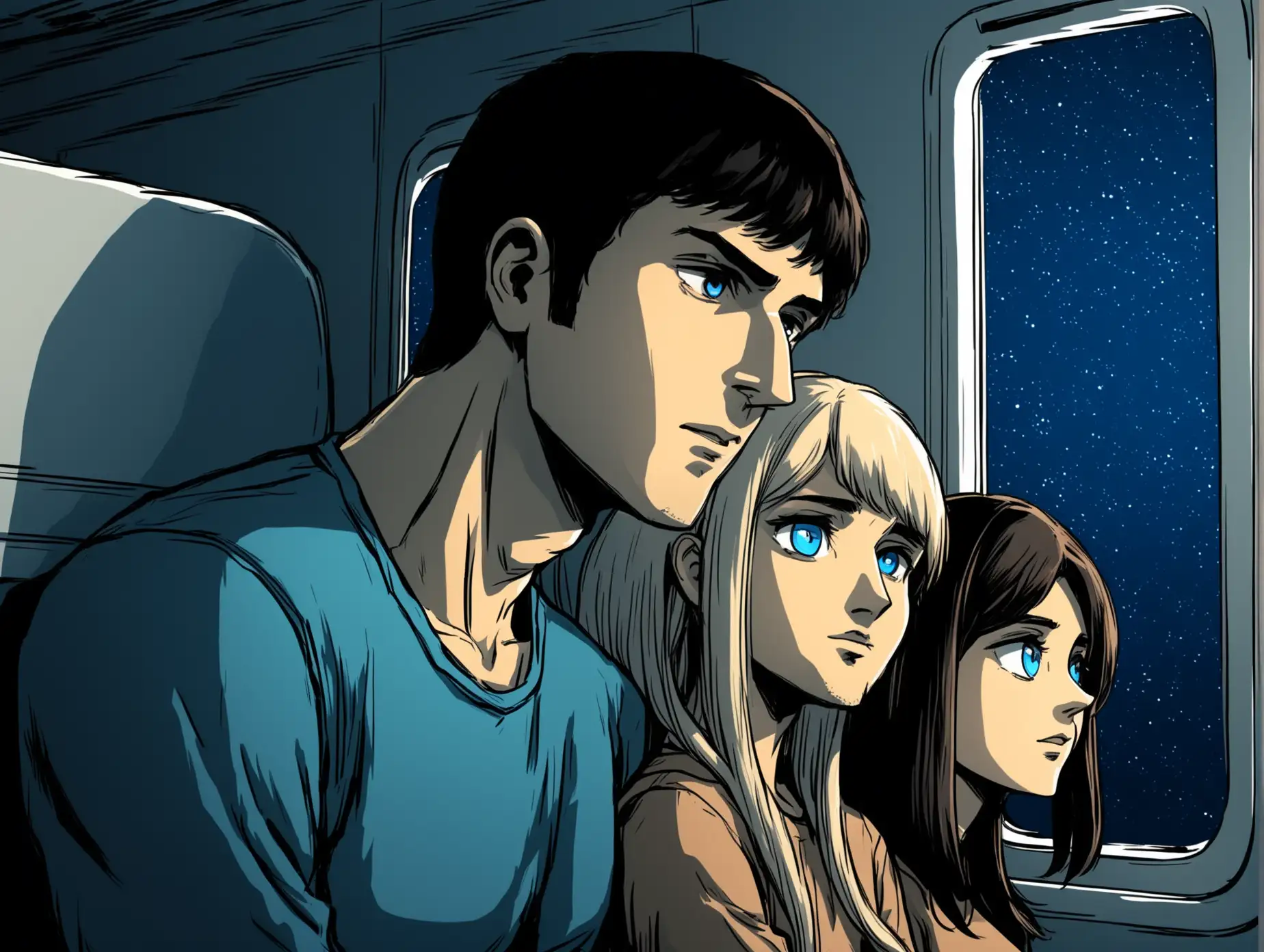 Young-Couple-Talking-on-Plane-at-Night-Comic-Style-Illustration