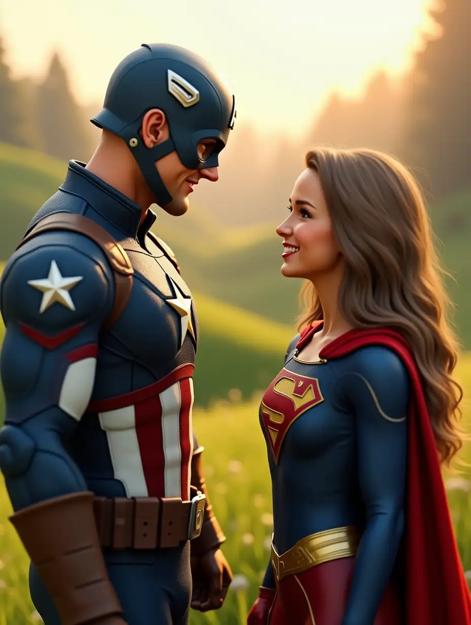 A highly detailed, ultra-realistic 3D-rendered image of Captain America and Supergirl standing face to face in a lush green meadow during golden hour. Captain America, wearing his iconic blue suit with a white star emblem, red and white stripes, brown tactical belt, and armored gloves, looks at Supergirl with a confident and friendly expression. His blue helmet with an 'A' emblem is securely fitted, and his muscular physique adds to his heroic stance.nnSupergirl, dressed in her classic blue and red costume with the golden 'S' emblem on her chest, has long, flowing brown hair and a red cape flowing gently in the breeze. Her bright eyes and joyful expression show admiration and excitement as she gazes at Captain America, her gloved hands lightly placed on her cheeks in amazement.nnThe background consists of a breathtaking, sunlit valley with rolling green hills, tall trees, and a soft-focus effect enhancing the cinematic feel. The warm sunlight casts a golden glow on their faces, creating a dynamic and emotionally engaging moment. The image is rendered in 4K, ensuring crisp details, realistic lighting, and lifelike textures.