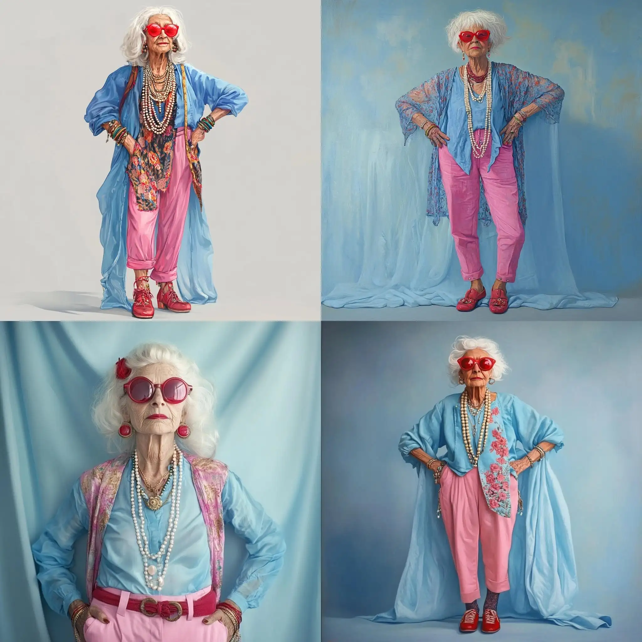 Elderly-Hippie-Woman-in-Vibrant-Attire-Against-Light-Blue-Background