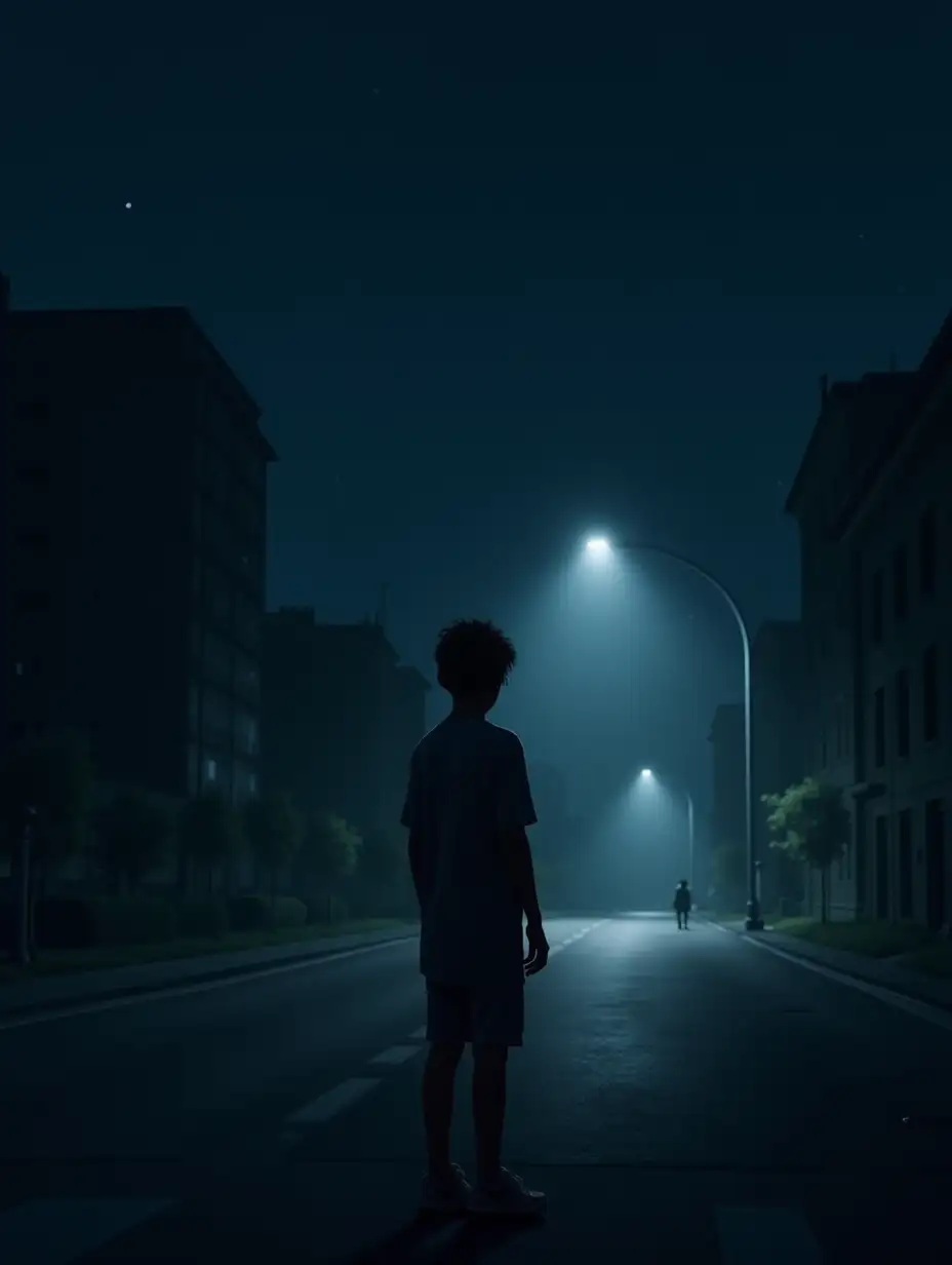 Teenage-Refugee-Standing-at-Dark-Urban-Street-Crossing-with-Lighthouse-of-Hope