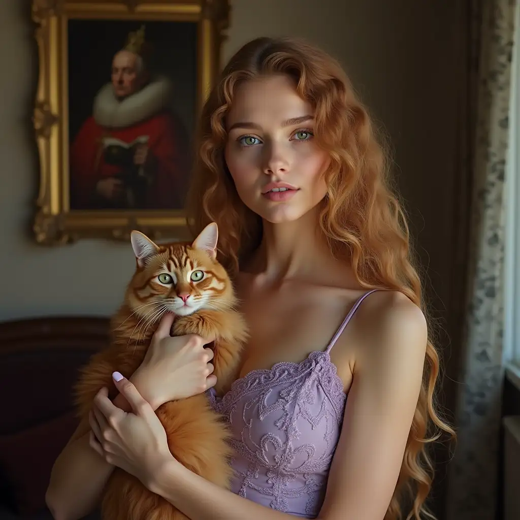 Russian-Girl-in-Lavender-Lace-Dress-Hugging-RedHaired-Cat-with-Cardinal-Richelieu-Portrait-in-Background