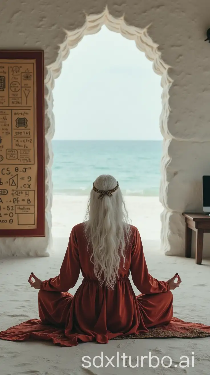 Mature-Female-Shaman-Meditating-with-Intricate-Math-Formulas-in-a-Serene-Seashore-Setting