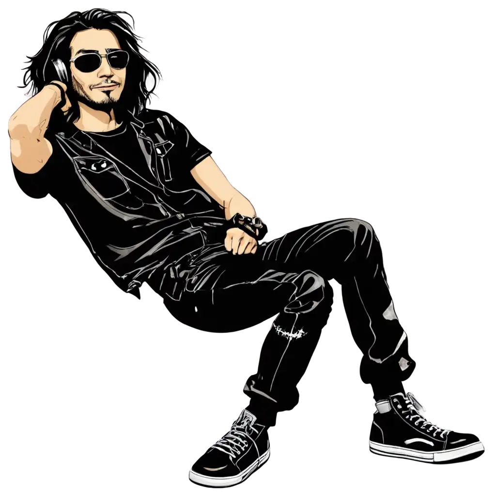 Grungy-Rockstar-Caricature-PNG-of-a-Relaxing-Male-in-AllBlack-Attire-and-Shoes