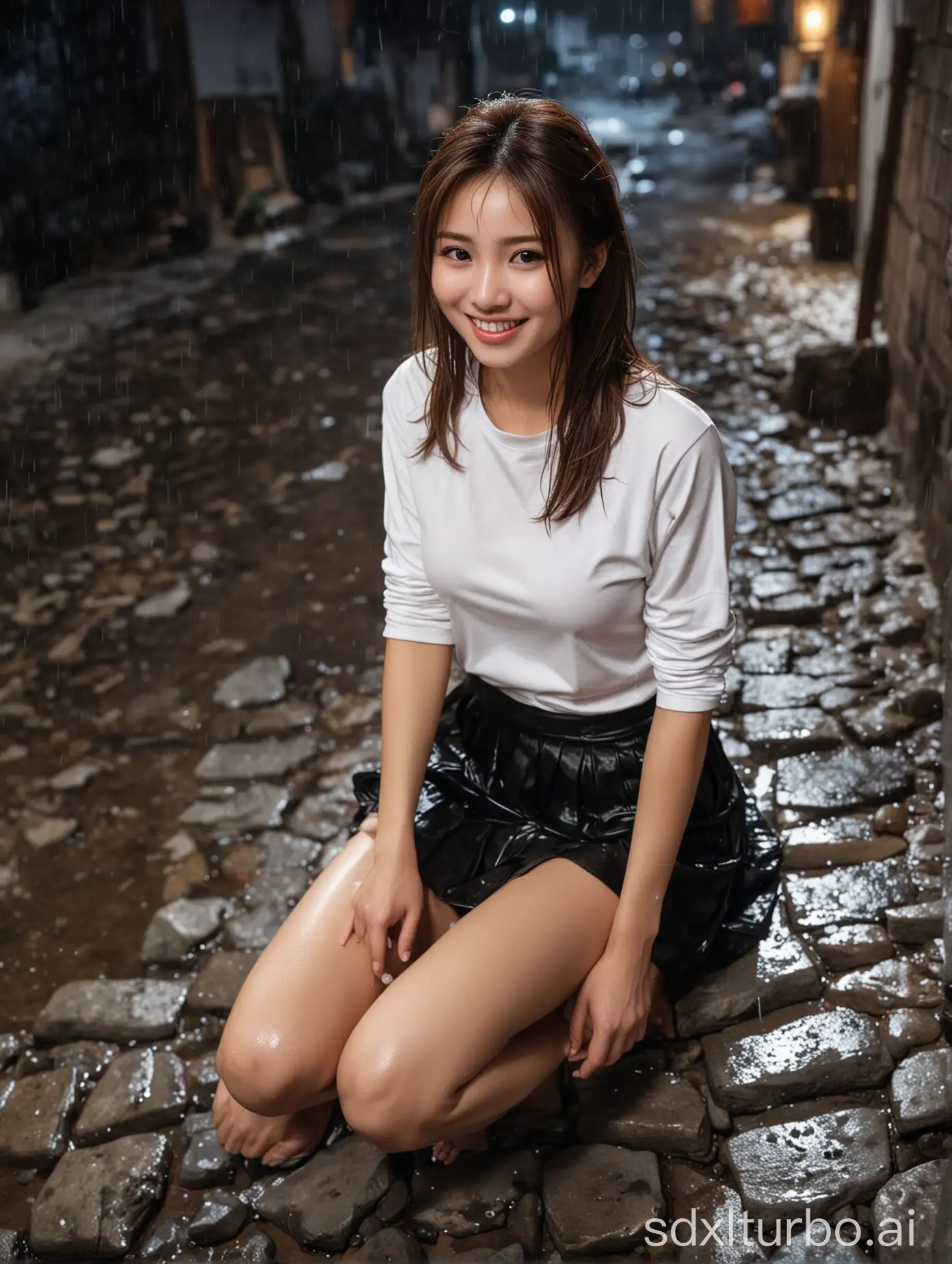 Chinese-Woman-in-Winter-Night-Rain-Sitting-on-a-Stone-in-Village