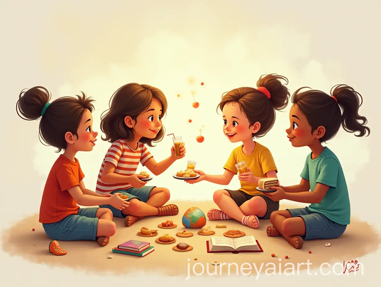 Diverse-Children-Sharing-Food-Toys-and-Books-in-a-Magical-Circle