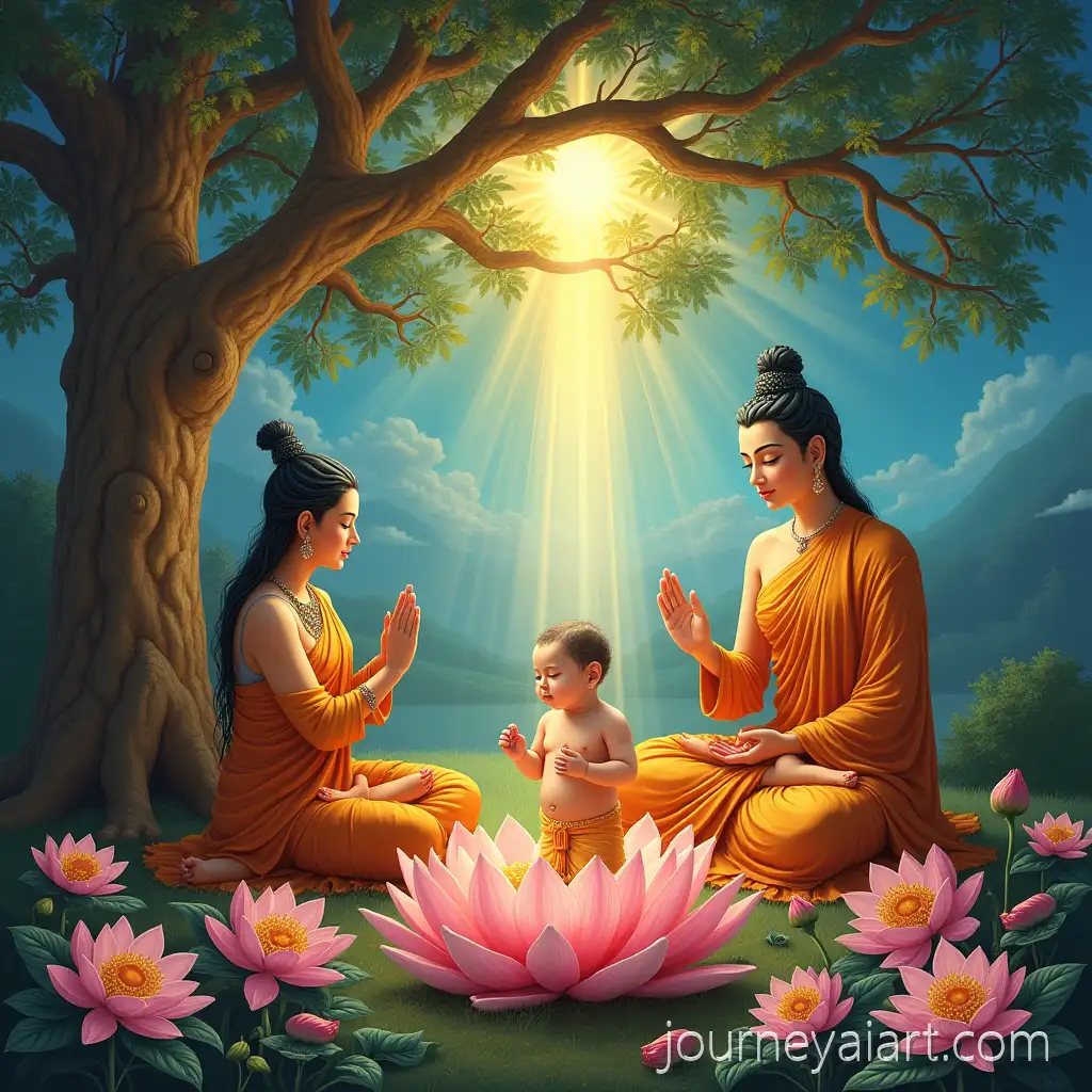 Divine-Birth-of-Siddhartha-Gautama-under-the-Sal-Tree-with-Heavenly-Figures