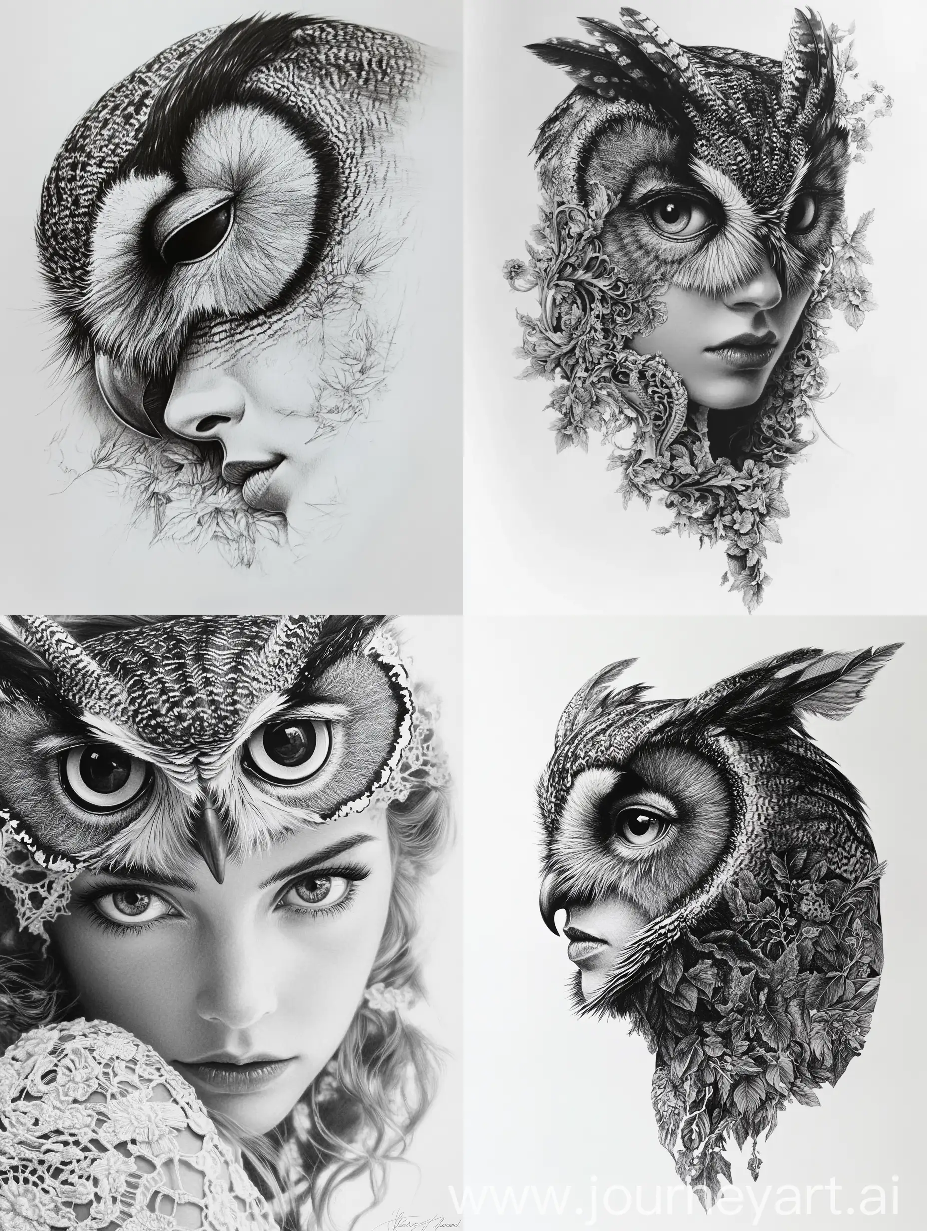 Intricate-Pencil-Drawing-of-an-Owl-Perched-on-a-Womans-Shoulder