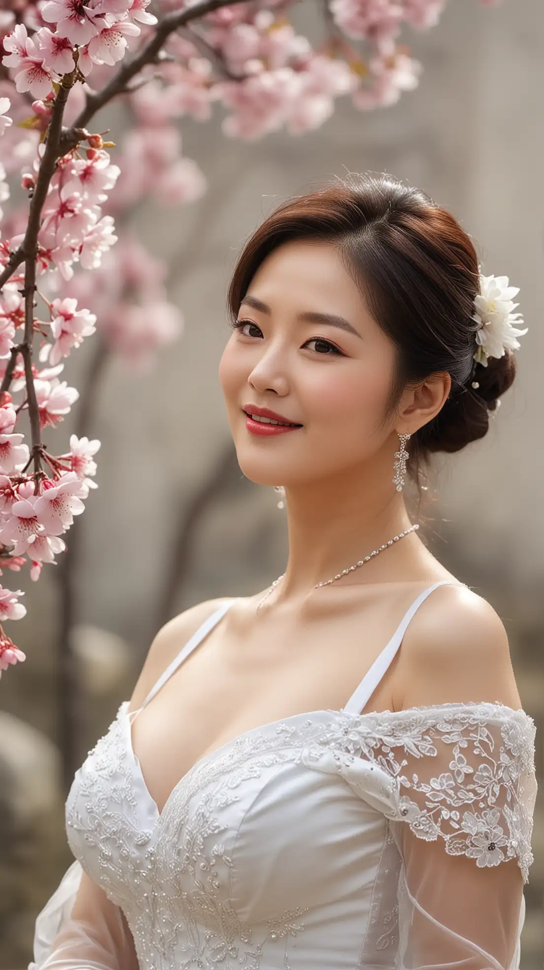 Full figure,1elegant Korean mature woman,Cheopji Meori Hairstyle, red lips,smile, elegant tight dress deep cleavage white stockings, jewelry, outdoor, cherry blossom,the most beautiful image ever seen, realistic, uhd, RAW, sharp focus, photo realistic, best quality, Korea, flower, ultra high res, masterpiece  <lora:Koreanbody15:0.8>